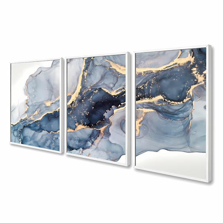 Quadros Abstratos Azul e Dourado Moderno Luxo Sala Decorativa Elegante Premium