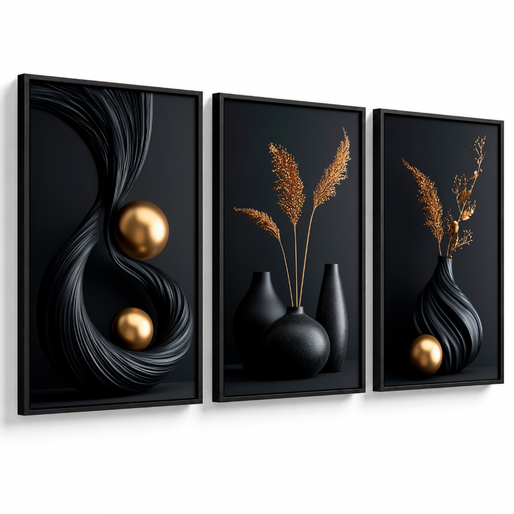 Kit 3 Quadros Decorativos Preto e Dourado Luxo para Sala Moderna Premium