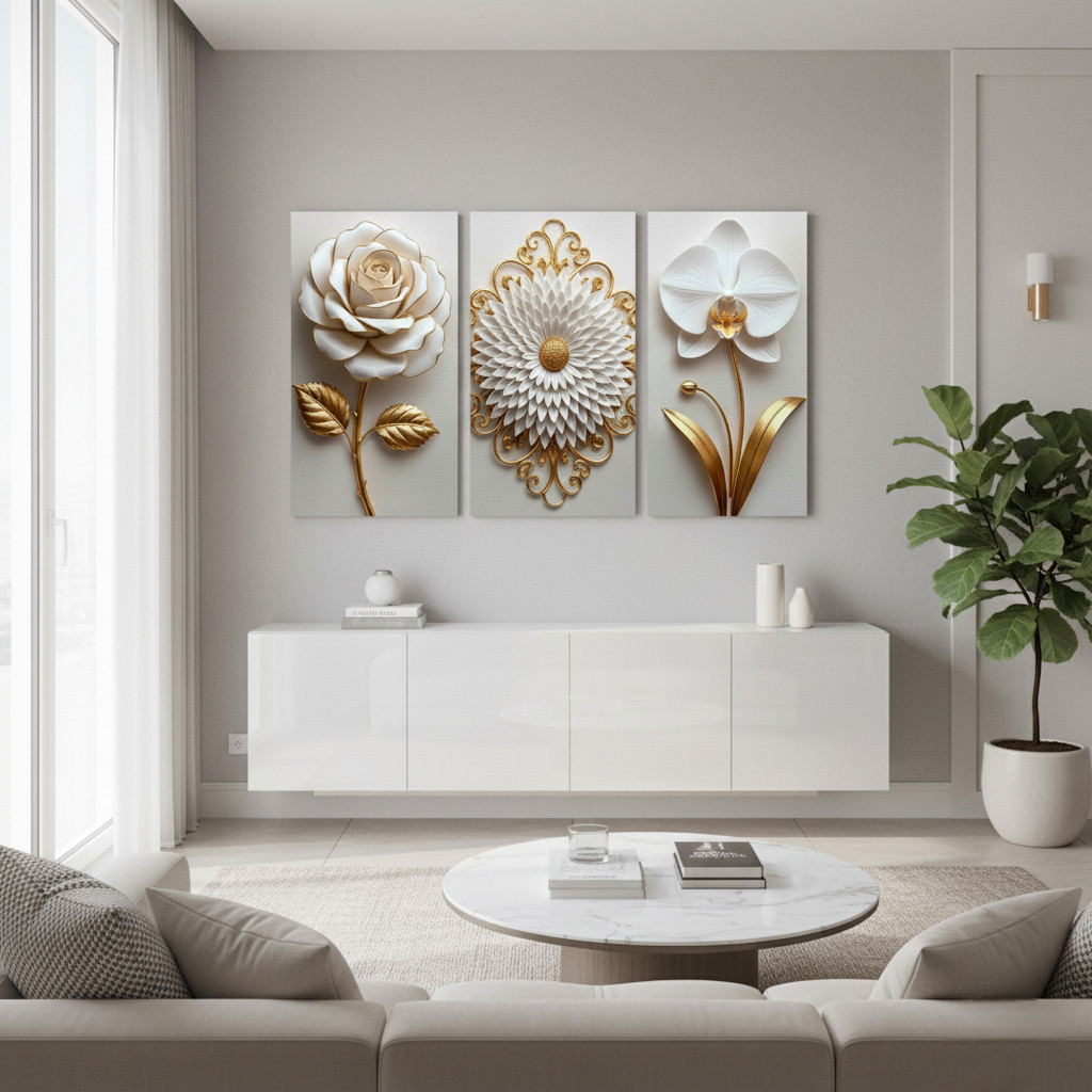 Quadro decorativo 3 peça flor dourada Tulipa Abstrato Luxo premium sala quarto escritório hall