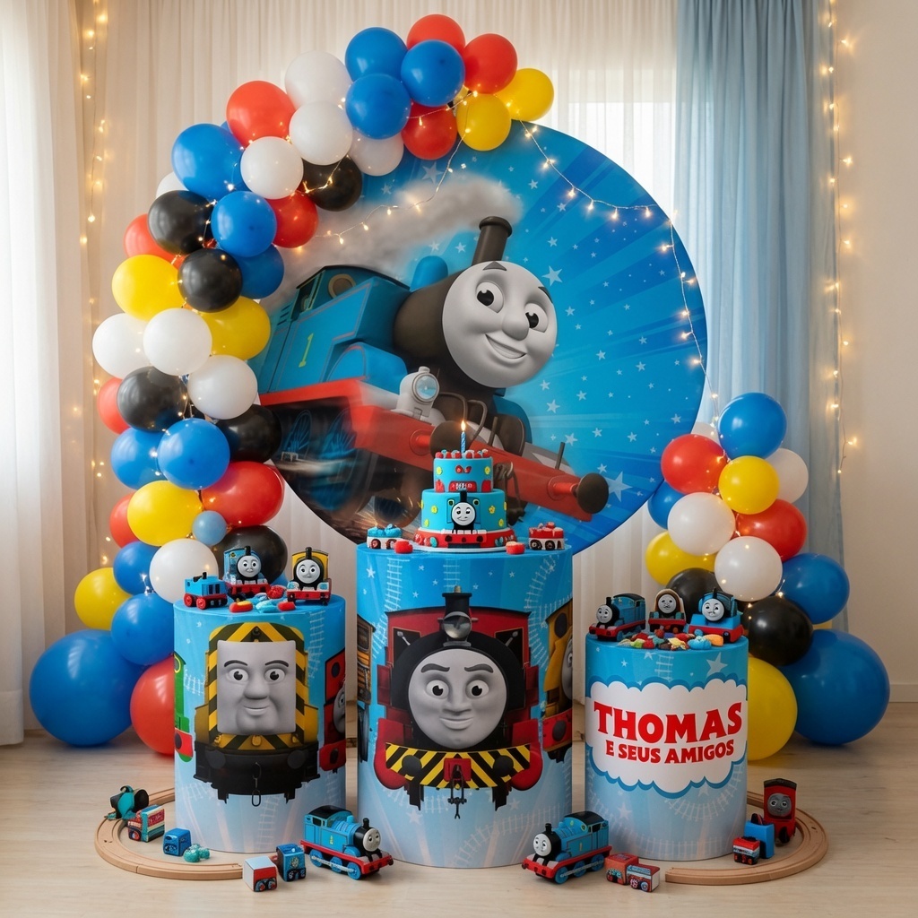 Trio Cilindro Com Elastano + Painel Festivo Redondo Tecido Premium Flanelado Com Personalização Infantil Tomas E Friends