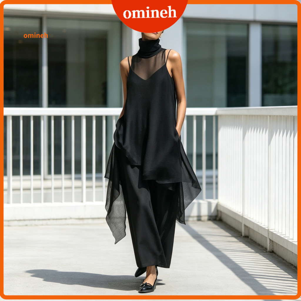 Loose Fit Mid-length Dress Everyday Wear Women’s 2 Piece Set – Cami Long with Chiffon Halter Irregular Hem Top Elega