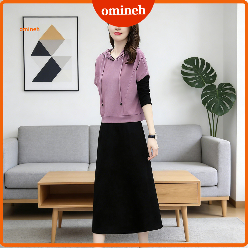 Simple Design Outfit Women Skirt Set Women’s 2-piece Hoodie Midi Dress Lounge Wear Pullover Drawstring Sweatshirt Fall