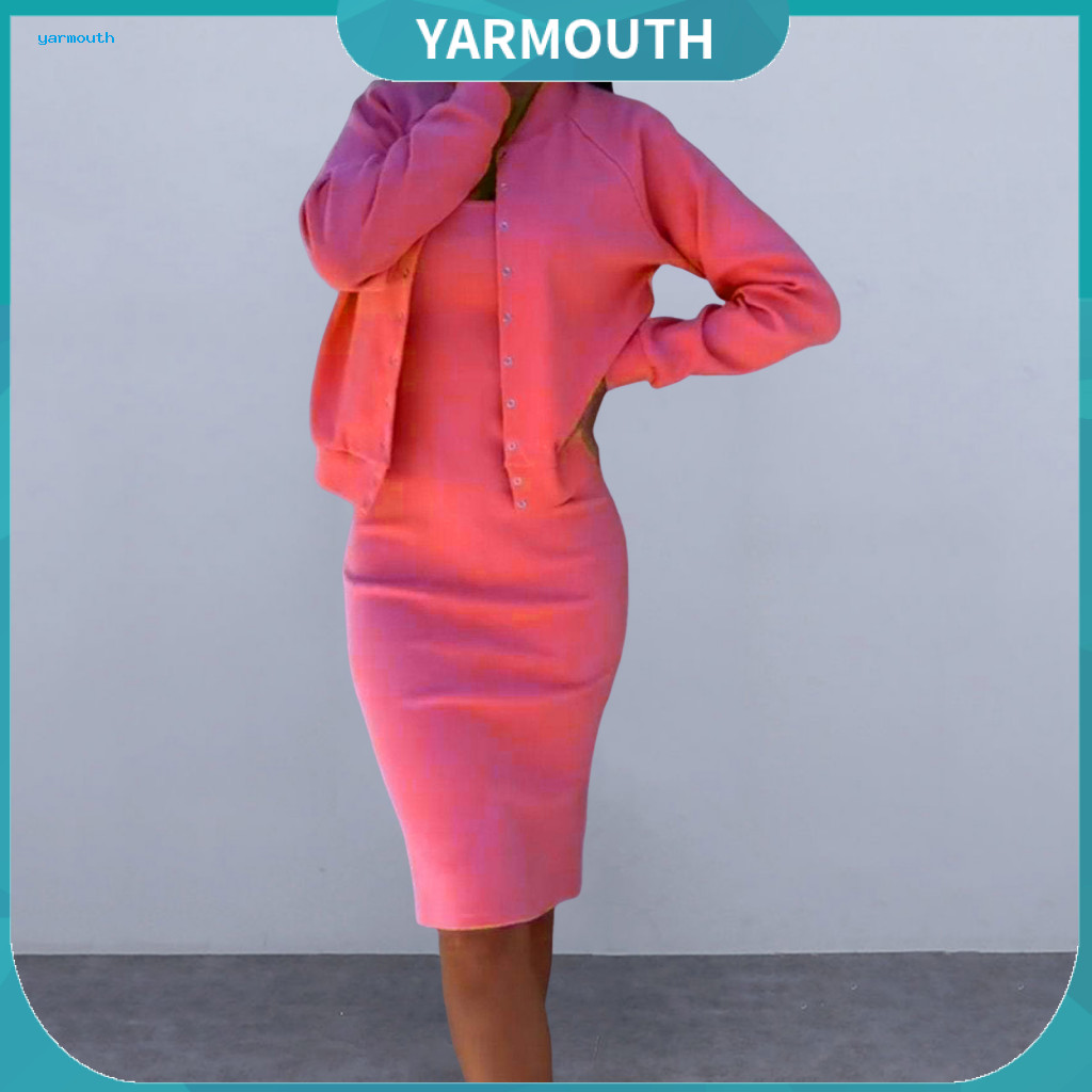 Women Two-piece Suit 2 Pcs Coat Dress Set Single-breasted Jacket Skinny Slip Midi Long Sleeve Round Neck Autumn Office C