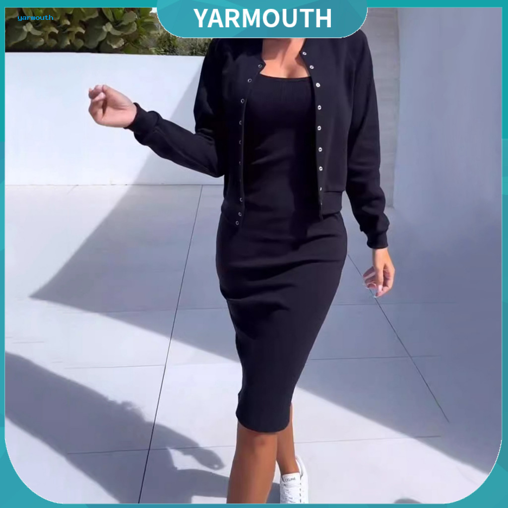 Women Midi Dress Suit Set 2 Pcs Coat Single-breasted Stand Collar Jacket Skinny Slip Long Sleeve Autumn Office for South