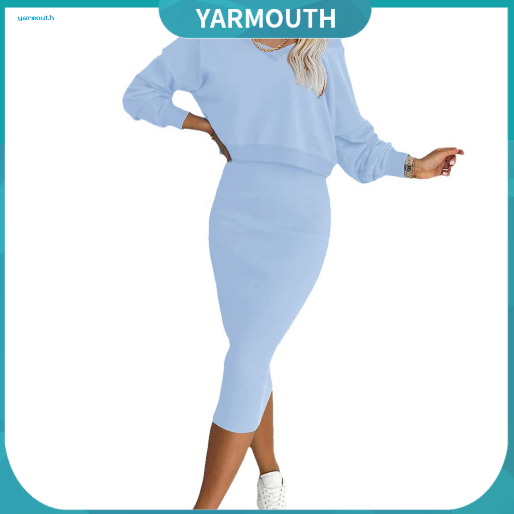 Lady Top Dress Set Fall Sweatshirt 2 Pcs Women V Neck Long Sleeve High Waist Skinny Midi Skirt Solid Color Formal Outfit