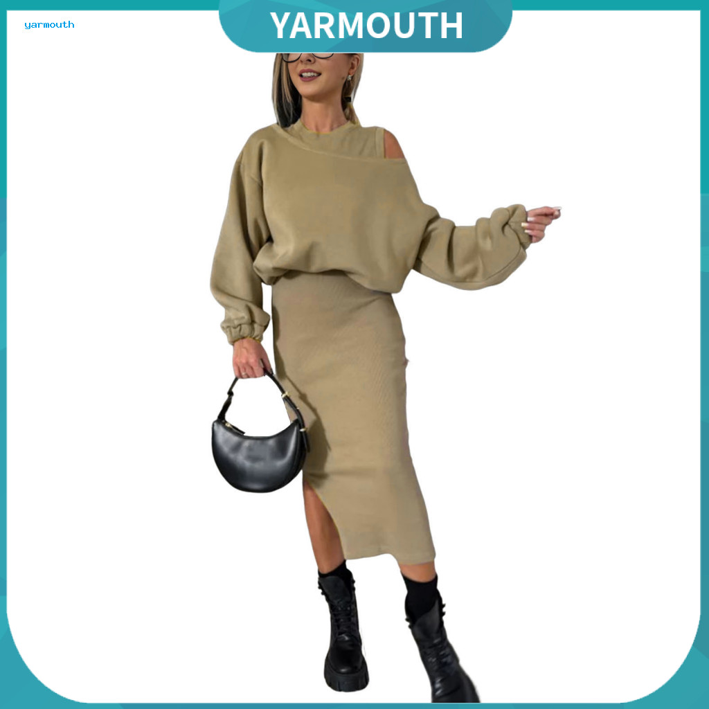 Women Long Dress Suit Slim Fit Midi 2 Pcs Sweatshirt Set – Round Neck Bat Sleeve Slit Hem Thick Fall Winter for Commut