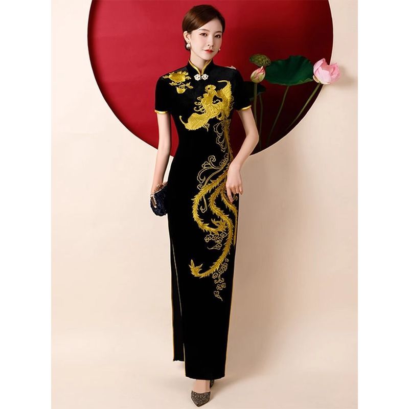 Cheongsam fashion show high-end performance outfit, black gold velvet modified dress, youthful and elegant Chinese-style