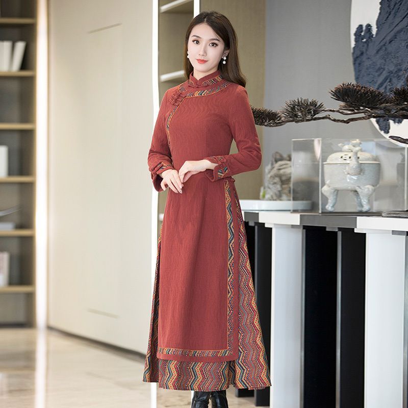 2026 Spring and Autumn Ao Dai Qipao Chinese Style Dress for Women, Autumn and Winter, Age-Reducing, Elegant, Waist-Cinch