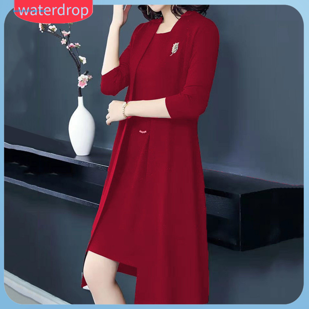 2 Pcs Women Coat Dress Set – Long Sleeve Jacket  A-line Midi Plus Size Solid Color Formal Business Banquet Outfit Eleg