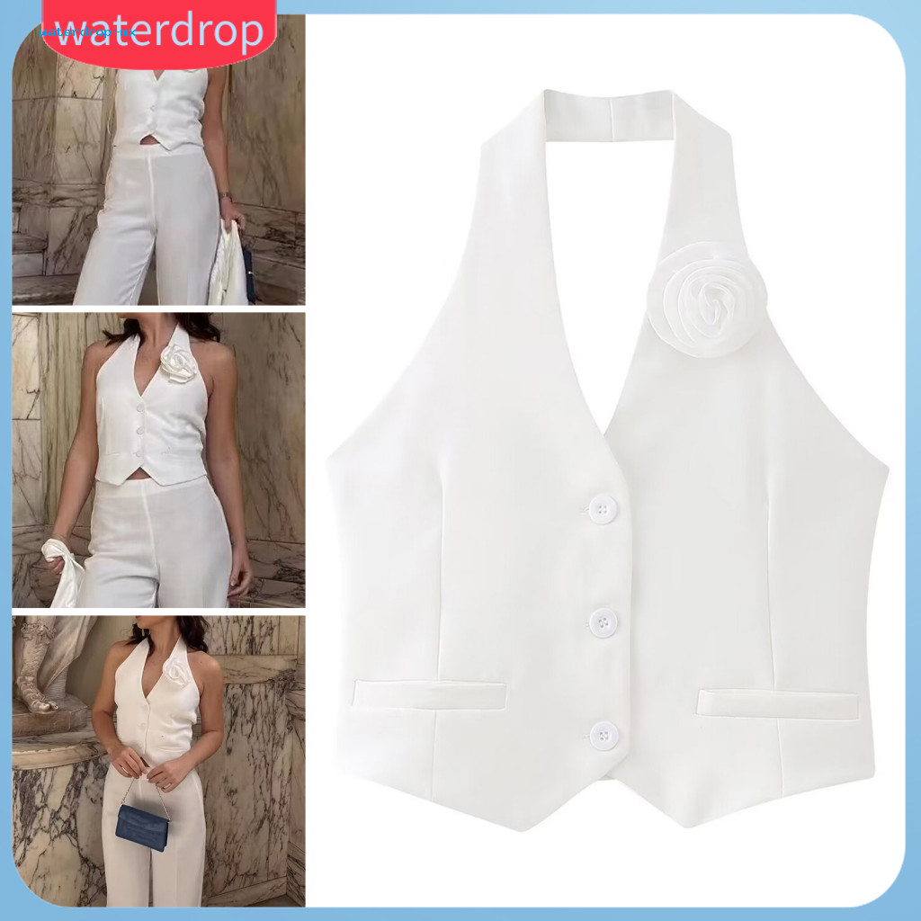 Women’s 3d Rose Decor Slim Fit Mini Skirt Halter Neck Off-shoulder Backless Waistcoat Set Split Hem Party Dress Stylis