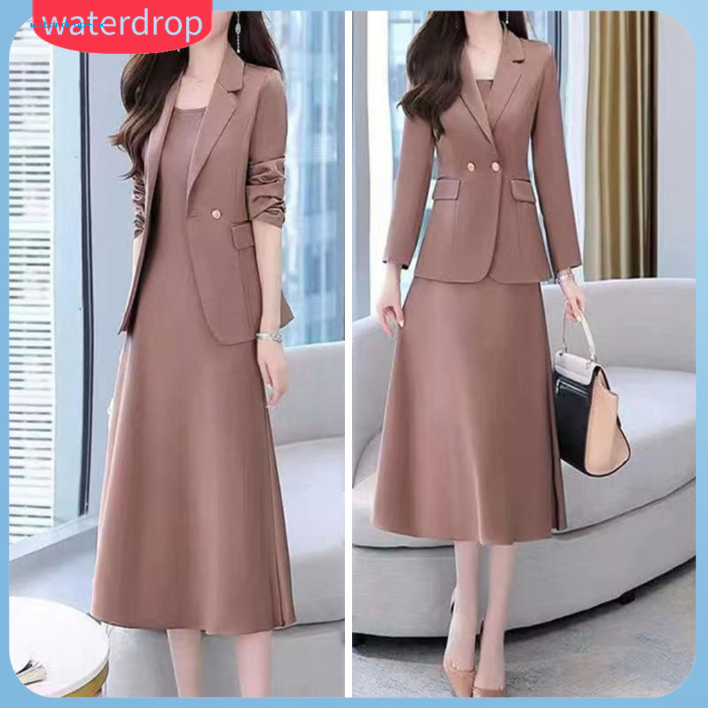 2 Pcs Women Business Suit Set – Turn-down Collar Coat A-line Strappy Dress Long Sleeve Formal Office Outfit for Work O