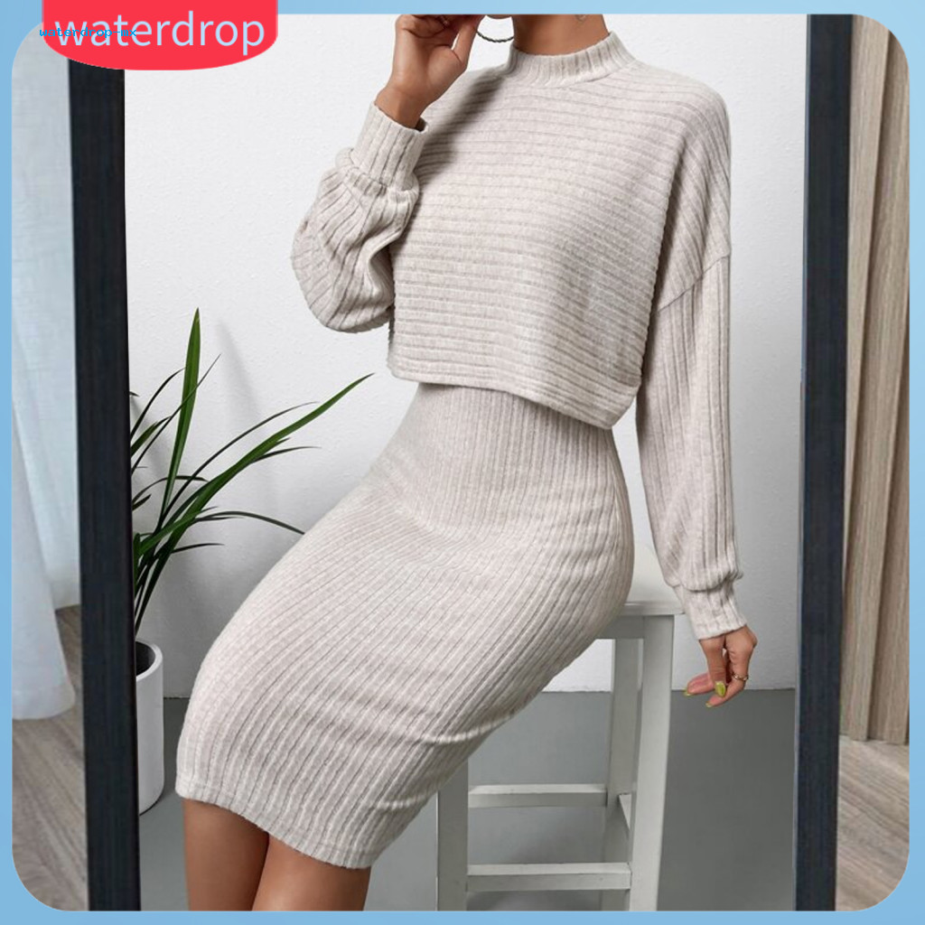 2 Pcs Women’s Outfit Set – Mock Collar Long Sleeve Sweater  V Neck Slim Fit Midi Dress Solid Color Stylish Work Date