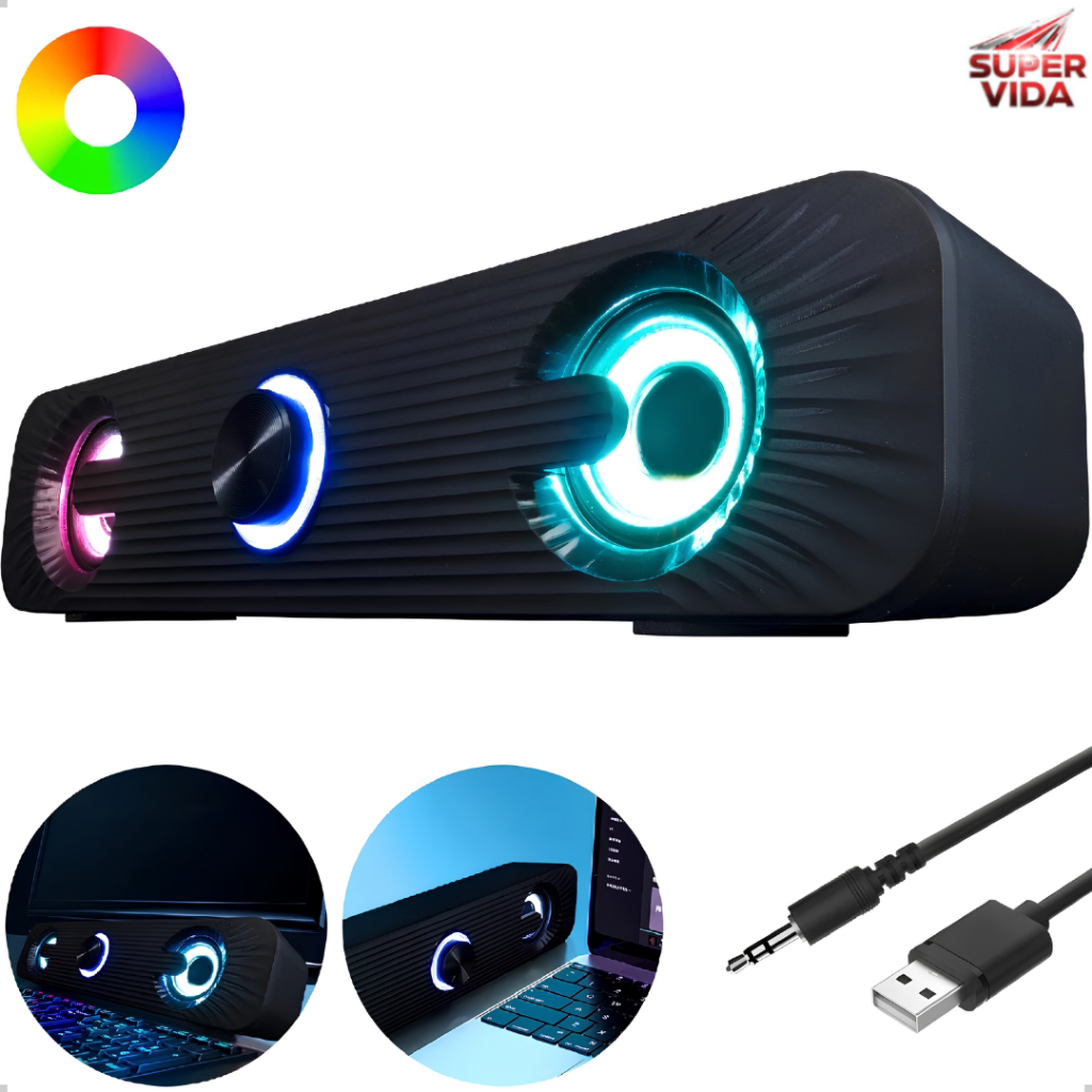 Caixa de Som Para Computador Notebook Desktop 6W RGB LED 3.5mm Compatível Windows Mac Linux Gamer