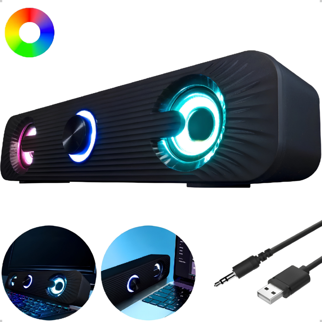Caixa de Som Multimídia Para PC Notebook Desktop 6W RGB LED 3.5mm Compatível Windows Mac Linux Gamer