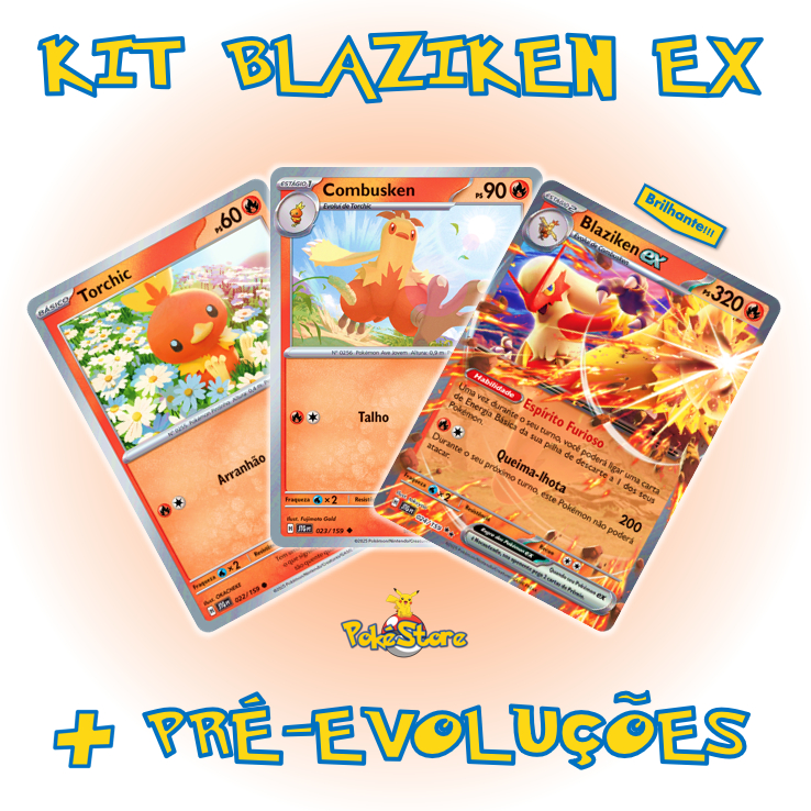 3 Cartas Pokemon Kit de Evoluções Blaziken EX Combusken Torchic Diversos Modelos