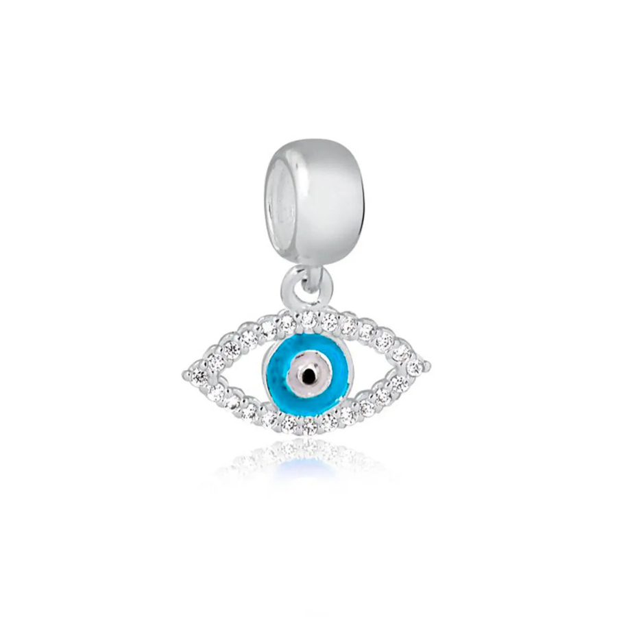 Berloque Charm Olho Grego Prata 925 Zircônias, Esmaltado Branco Azul e Preto Proteção para Pulseiras
