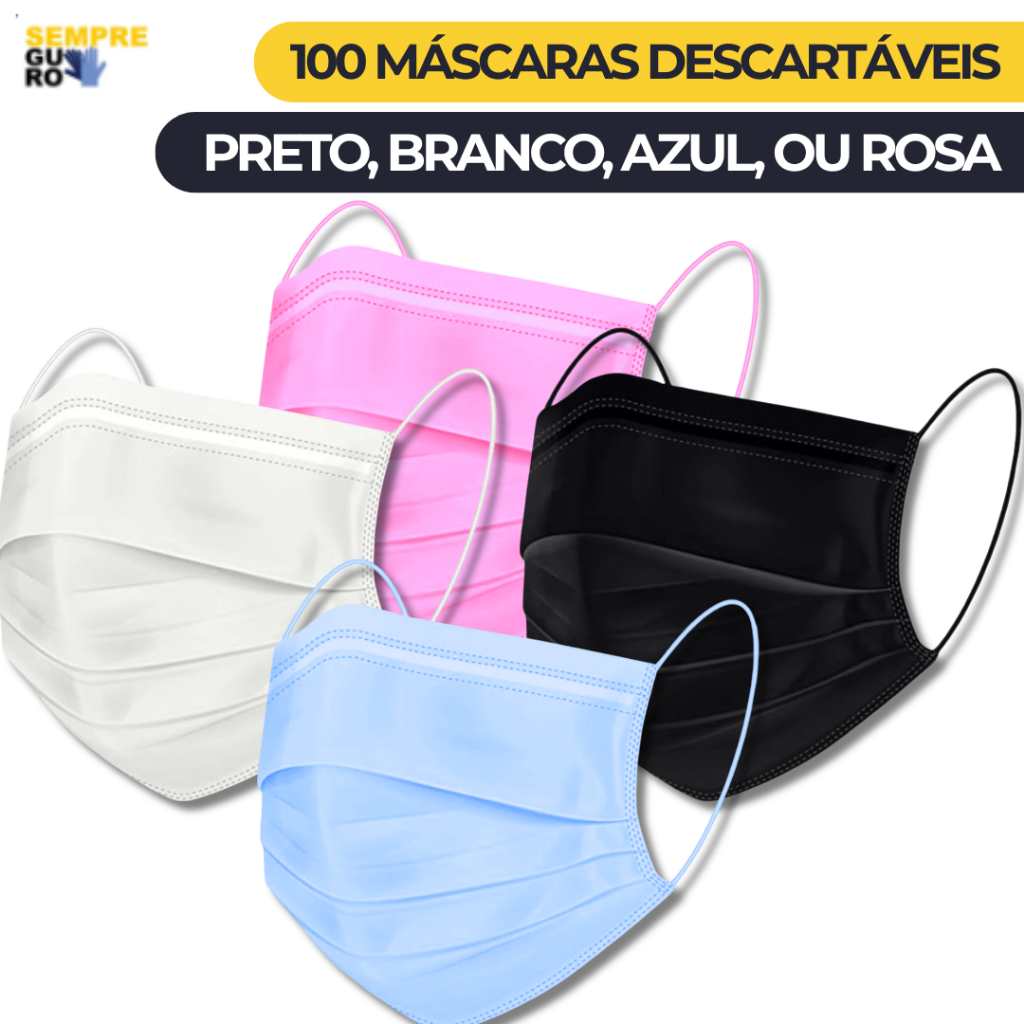 100 Uni. Máscara Descartavel Branca TNT | Tripla Camada Adulto - Preto, Rosa, Branco ou Azul