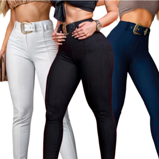KIt 3 calça legging malha pop feminina - preto/azul marinho/ branco