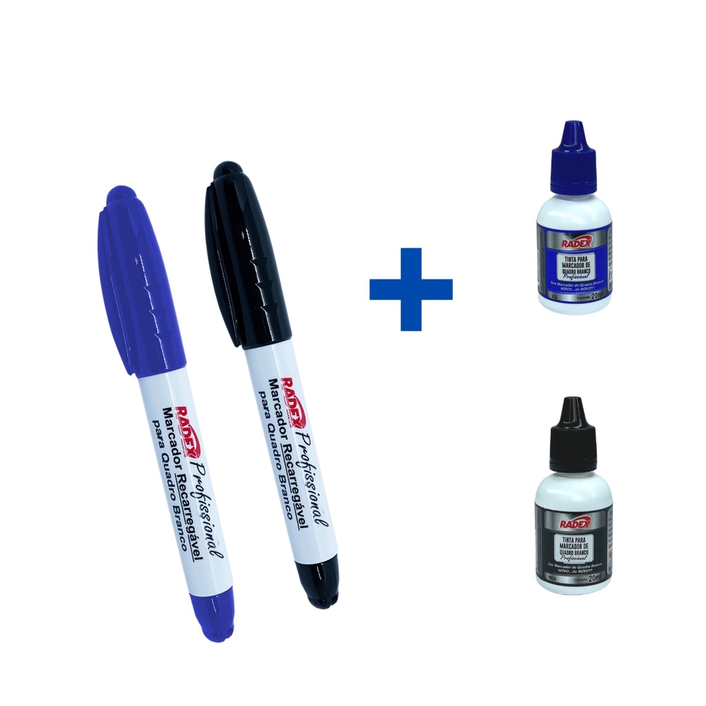 Kit 2 Marcador Quadro Branco Recarregável + 2 Tinta Refil (Preto e Azul)