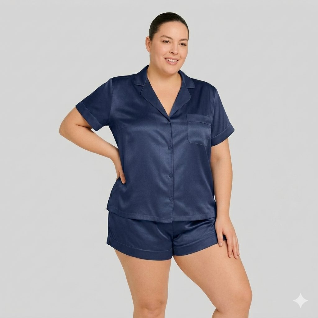 PIJAMA AMERICANO DE CETIM SEDA FEMININO SHORTS E CAMISA AMAMENTAÇÃO PLUS SIZE PRETO BRANCO ROSE AZUL