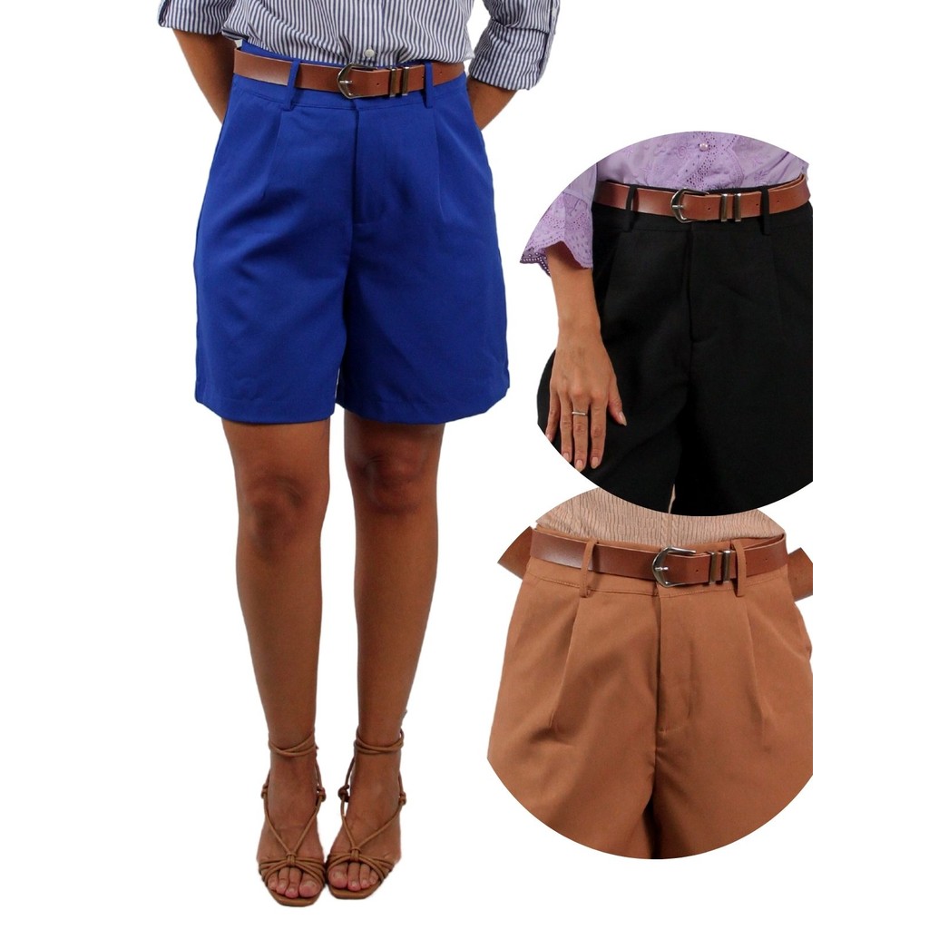 Short Feminino Longuete com Cinto Estilo Bermuda Alfaiataria Com Bolsos Laterais Cintura Alta Casual