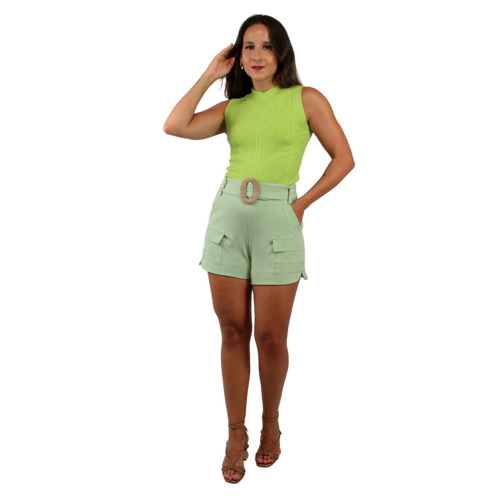 Short Feminino Estiloso Alfaiataria com Cinto de Sisal Curto Tendência Verão Bolsos Laterais Cintura Alta