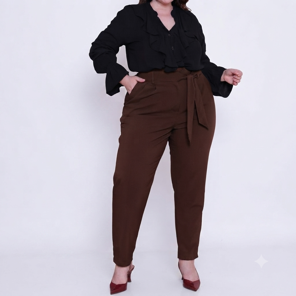 Calça Social Feminina Alfaiataria Plus Size + Cinto De Tecido Elegante Linha Premium Reta Com Bolsos
