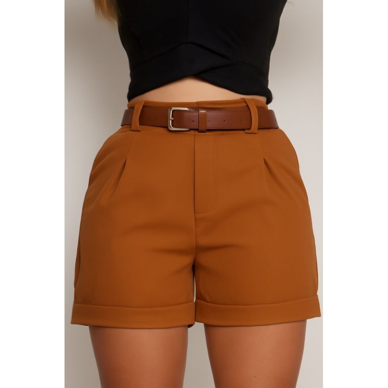 Short Feminino Alfaiataria Com Cinto Cintura Alta