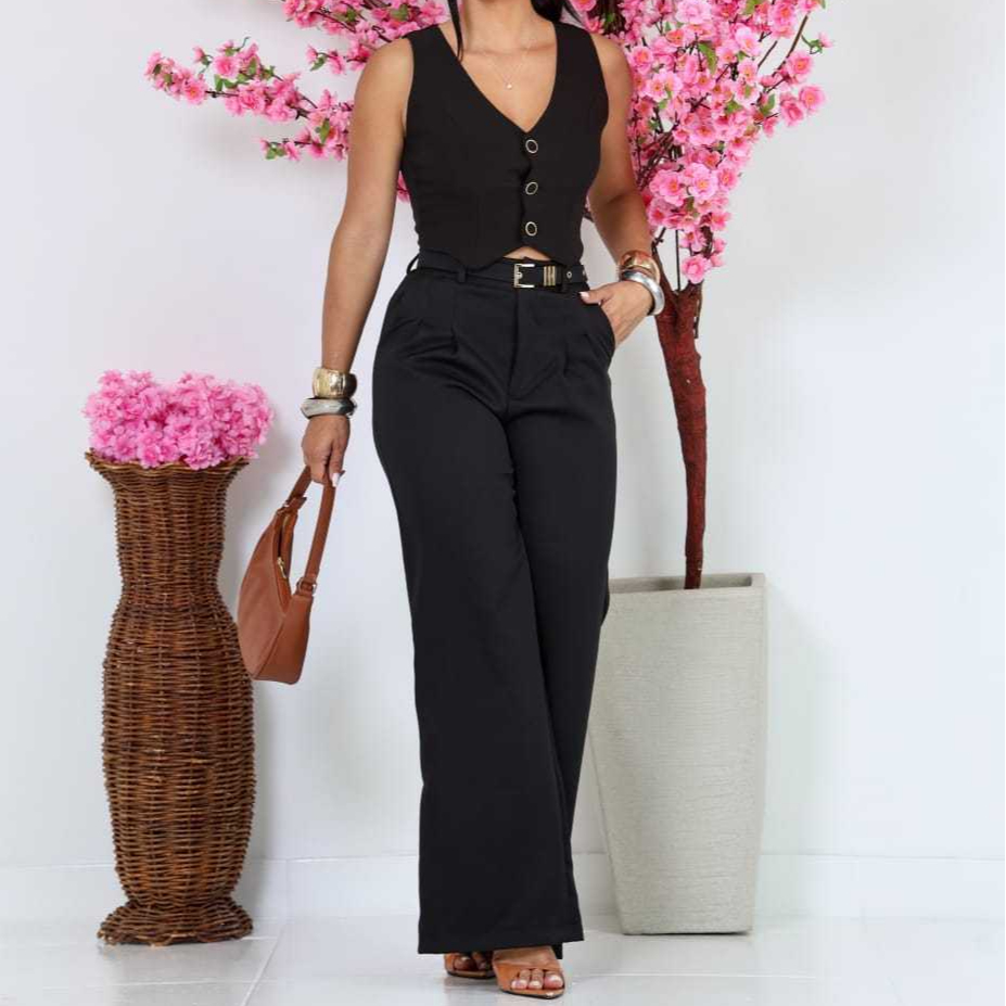 Conjunto Social Feminino Alfaiataria Elegante  Calça e Colete com Cinto Forrado para Trabalho ou Eventos