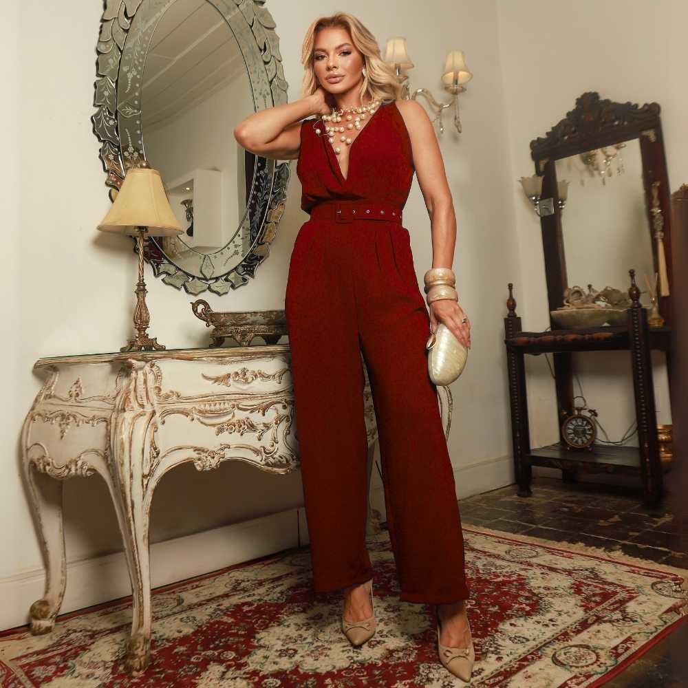 Macação Feminino Pantalona Alfaiataria Transpassado Com Cinto
