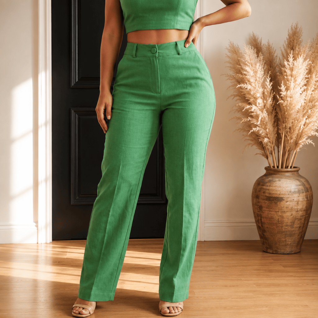 Calça Feminina Alfaiataria Cintura  com Abertura Botao e Zíper Reta com Cinto e Bolsos Moda Social Elegante