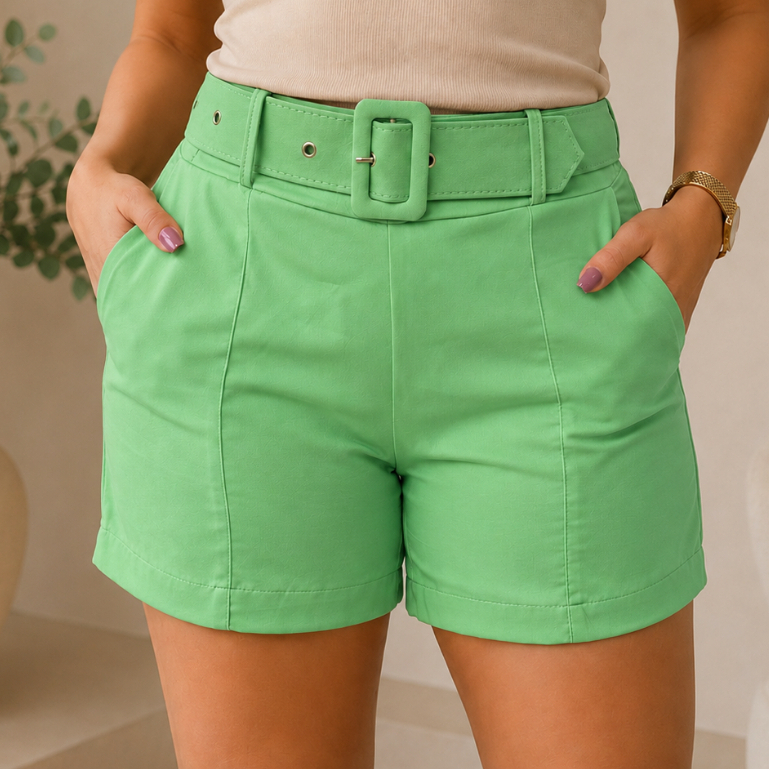 Short Feminino Alfaiataria Cintura Alta com Cinto Elegante Tecido Premium Casual Social Não Amassa do M ao GG