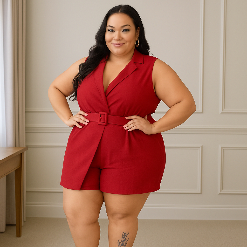 Macaquinho Feminino Alfaiataria com Cinto Plus Size Curvy
