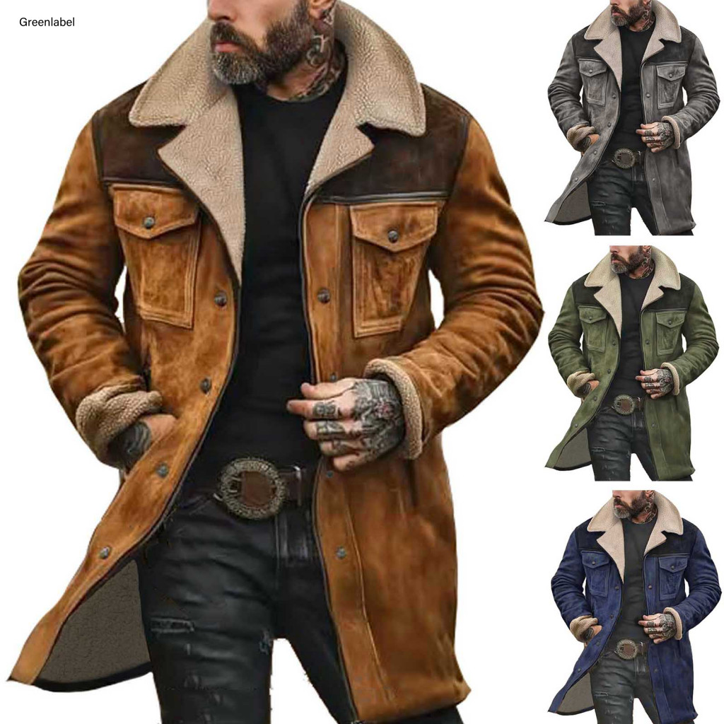 Men Windbreaker Jacket Men's Vintage Suede Motorcycle with Plush Lapel Long Sleeves Zipper Front Large Pockets – Mid-l