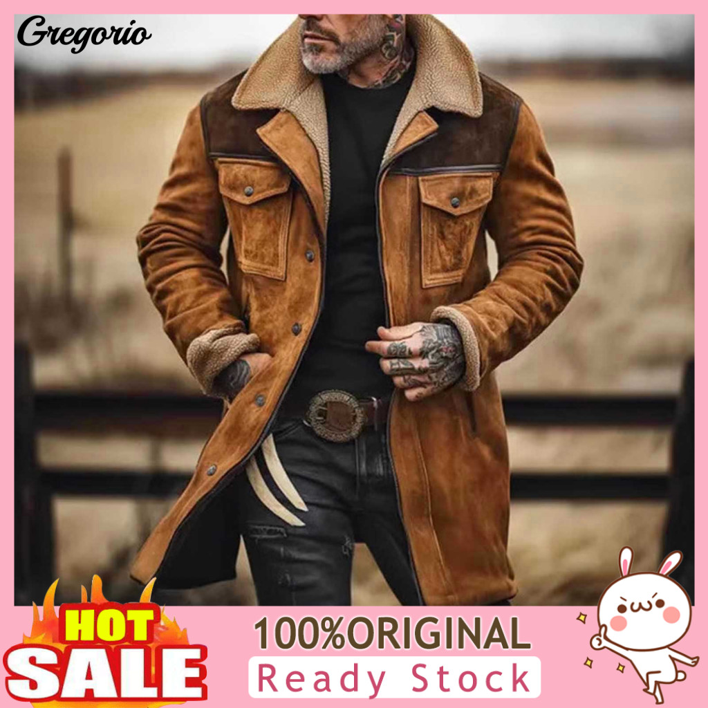 Men Jacket Windproof Mid-length Men's Vintage Suede Motorcycle with Plush Lapel Long Sleeves Zipper Front Large Pockets