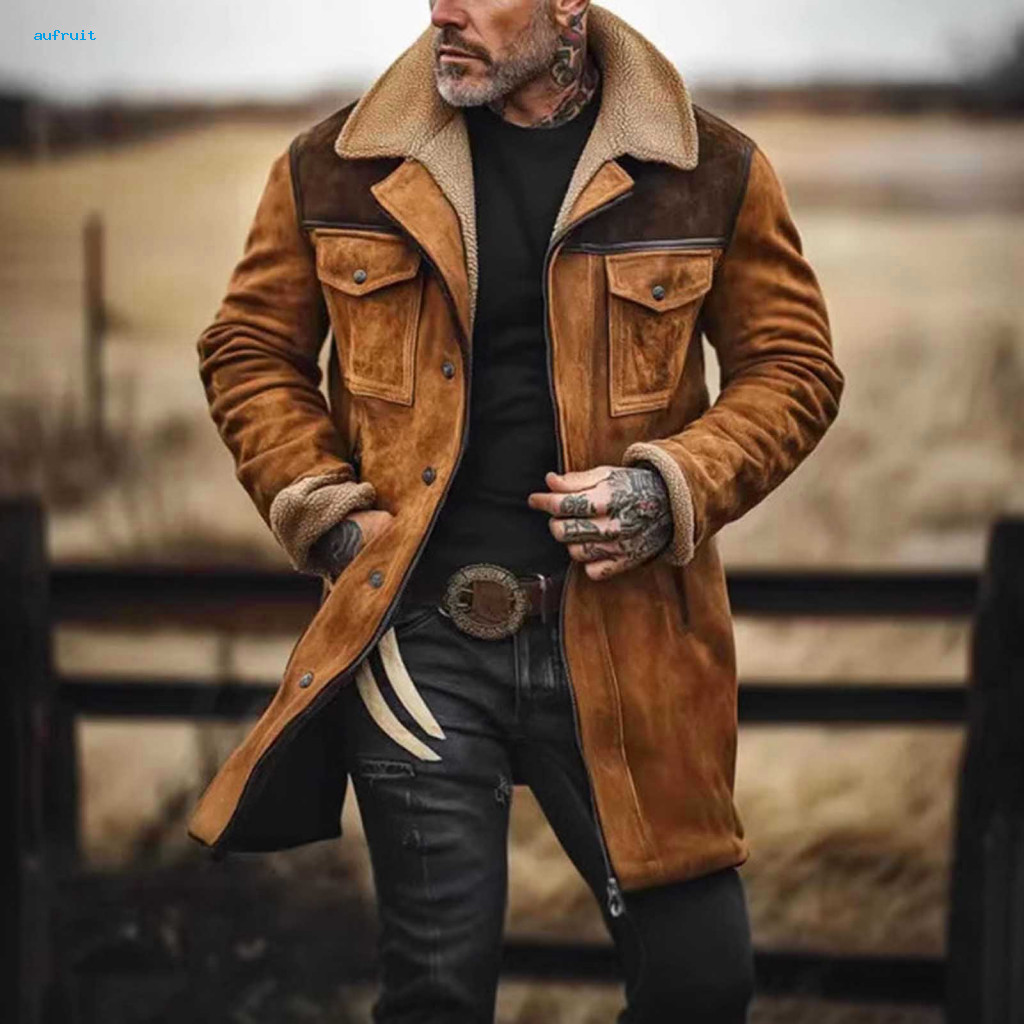 Men Jacket Suit Collar Coat Men's Vintage Suede Motorcycle with Plush Lapel Long Sleeves Zipper Front Large Pockets Mid-