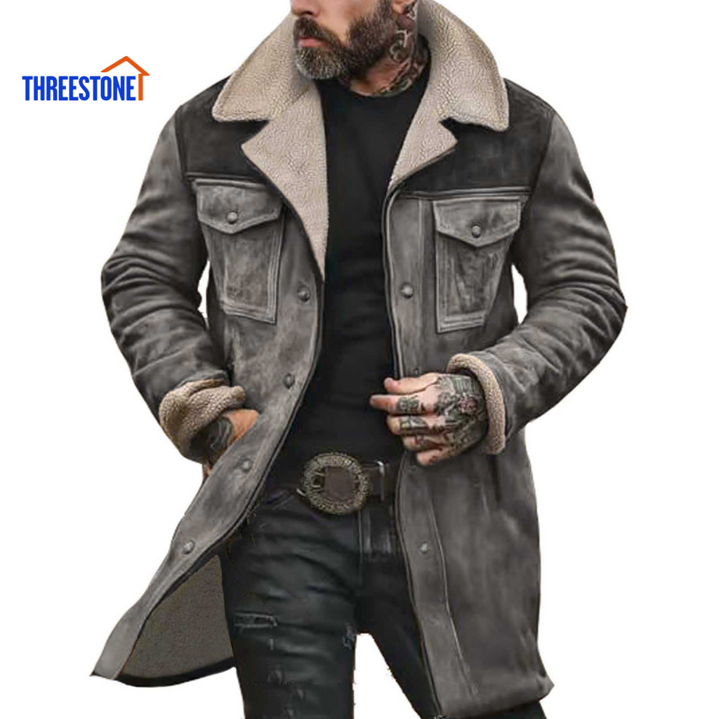 Formal Lapel Coat Fade-resistant Men Jacket Men's Vintage Suede Motorcycle with Plush Long Sleeves Zipper Front Large Po