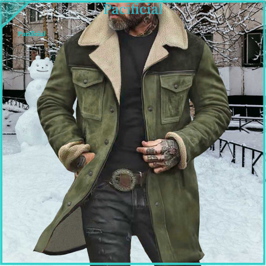 Men Jacket Elastic Men's Vintage Suede Motorcycle with Plush Lapel Long Sleeves Zipper Front Large Pockets – Mid-lengt