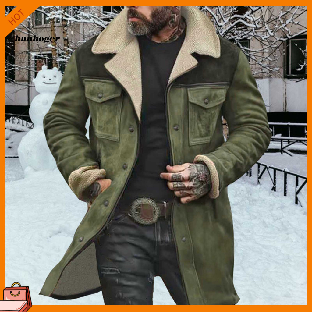 Formal Lapel Coat Windproof Mid-length Jacket Men's Vintage Suede Motorcycle with Plush Long Sleeves Zipper Front Large