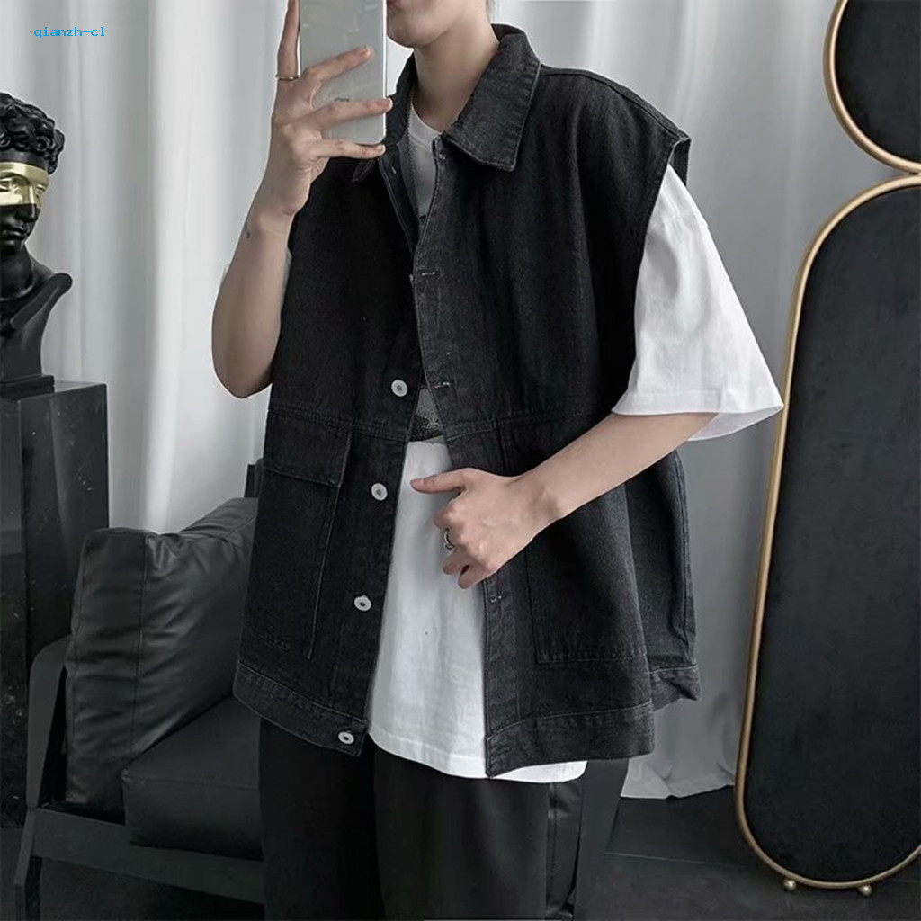 Men Denim Vest Coat Solid Color Men's Summer Jacket Sleeveless Lapel Waistcoat with Large Pockets Washed Cargo Style Sin