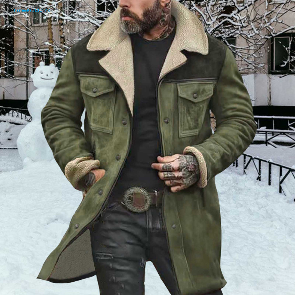 Men Jacket Breathable Men's Vintage Suede Motorcycle with Plush Lapel Long Sleeves Zipper Front Large Pockets – Mid-le