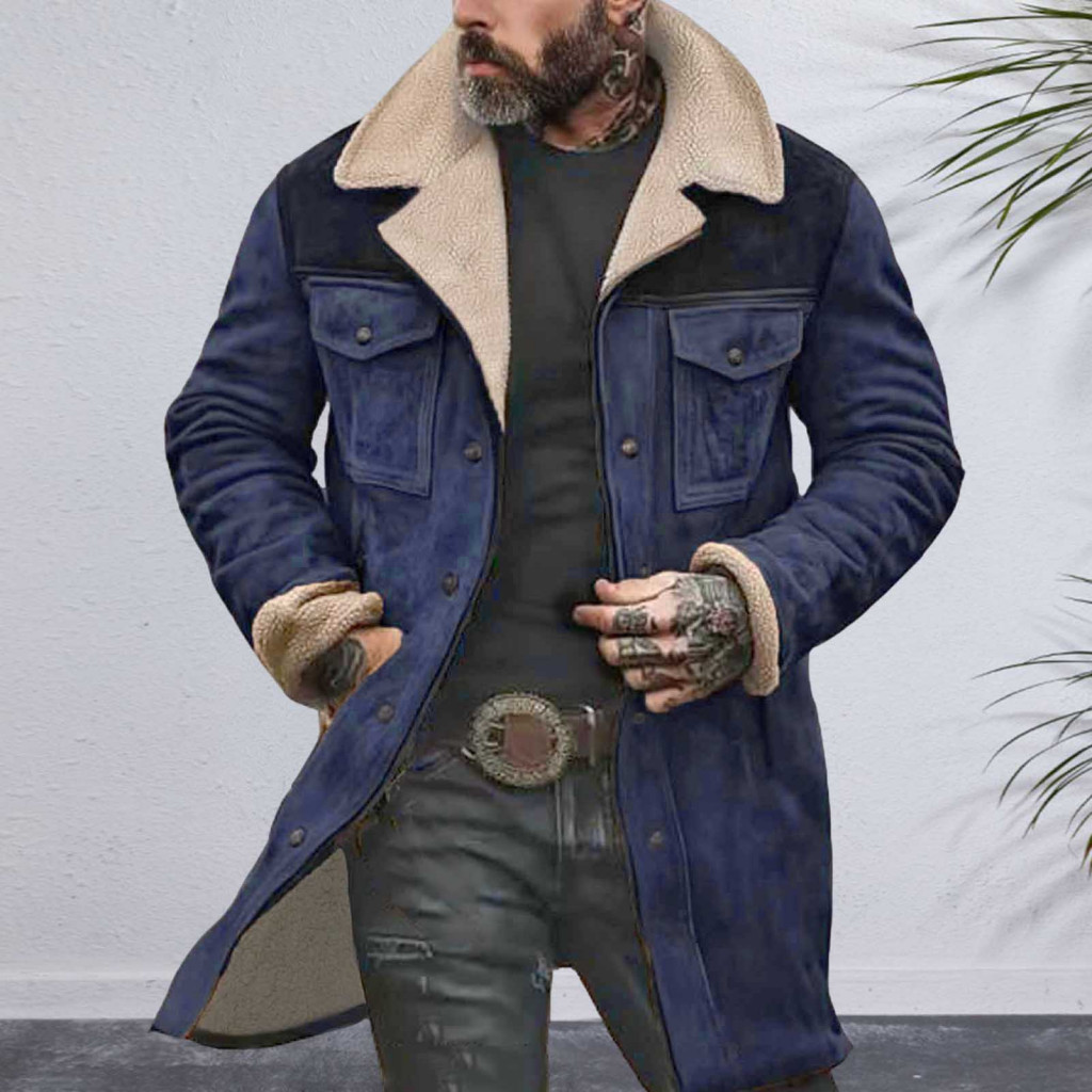 Men Suit Collar Coat Jacket Men's Vintage Suede Motorcycle with Plush Lapel Long Sleeves Zipper Front Large Pockets –