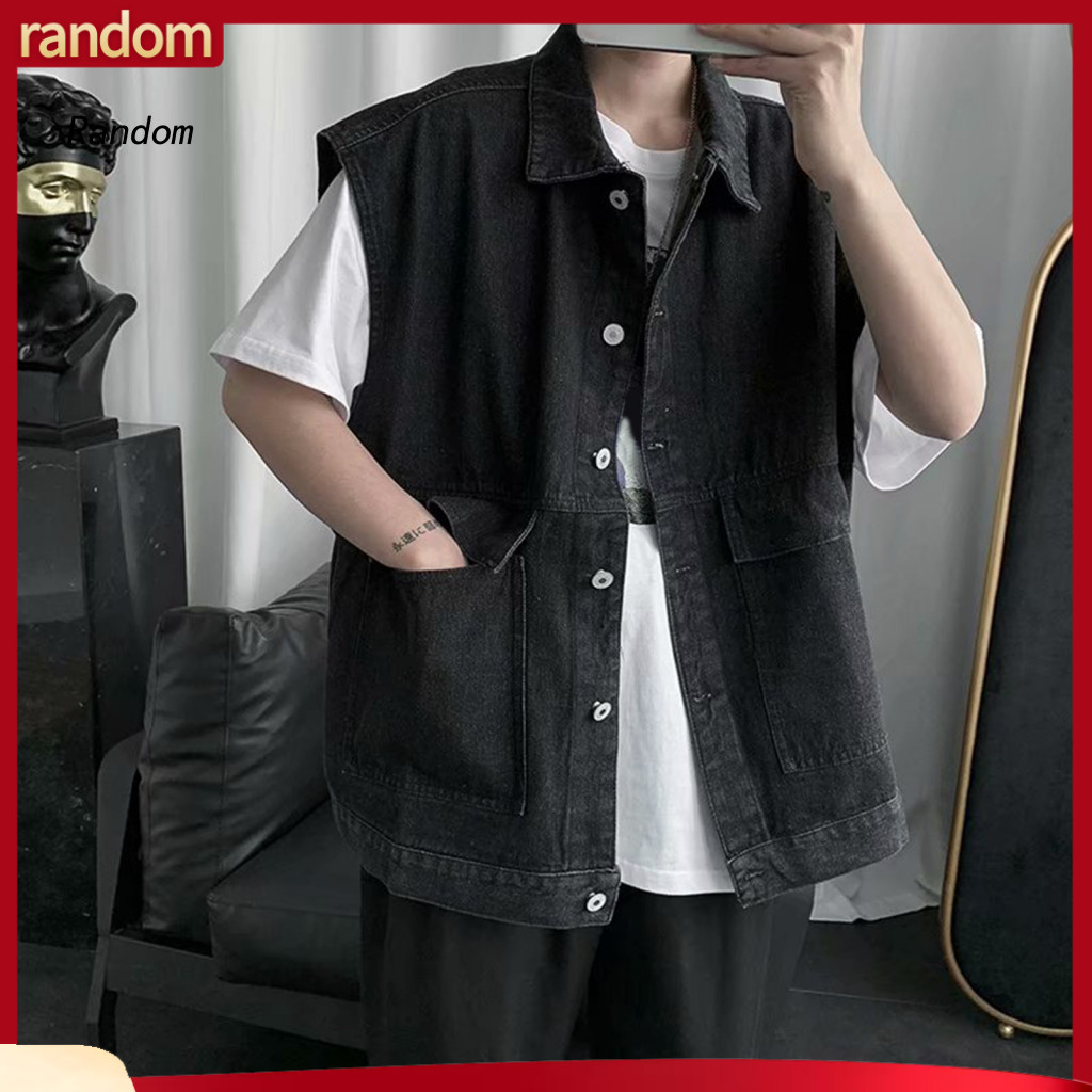 Solid Color Denim Vest Men Coat Men's Summer Jacket Sleeveless Lapel Waistcoat with Large Pockets Washed Cargo Style Sin