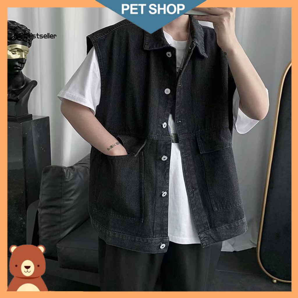 Men Solid Color Denim Waistcoat Vest Coat Men's Summer Jacket Sleeveless Lapel with Large Pockets Washed Cargo Style Sin