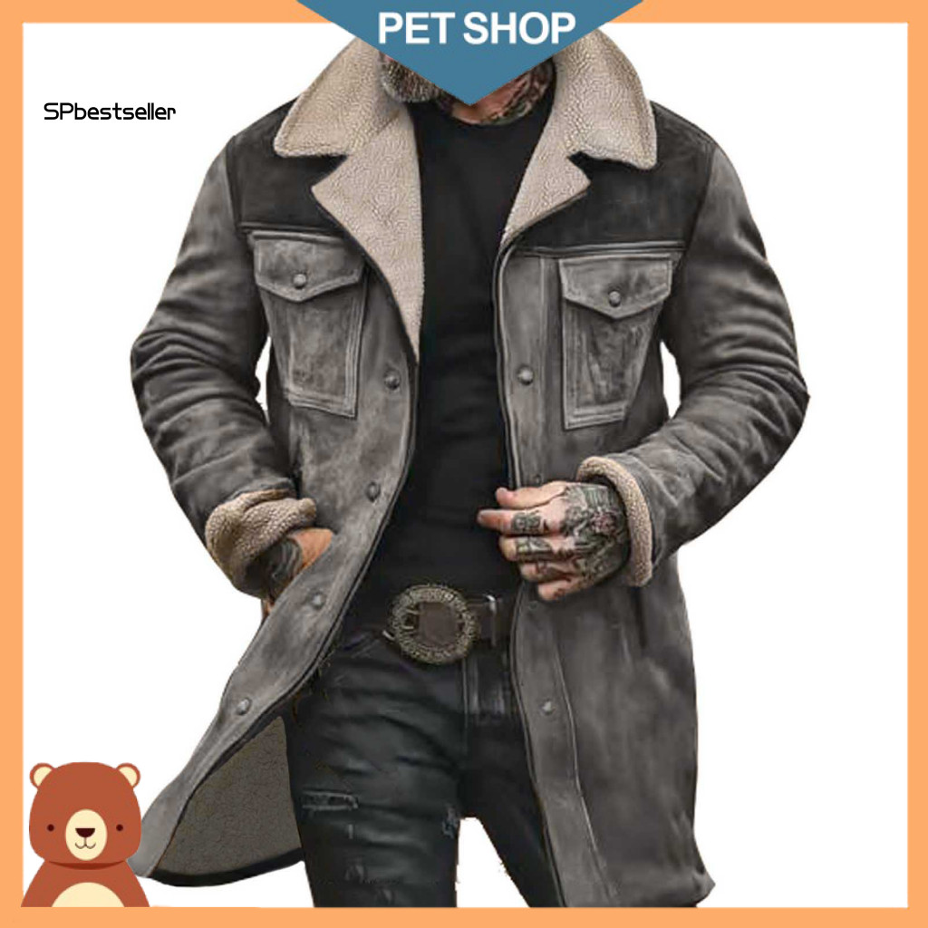Fade-resistant Men Jacket Formal Lapel Coat Men's Vintage Suede Motorcycle with Plush Long Sleeves Zipper Front Large Po