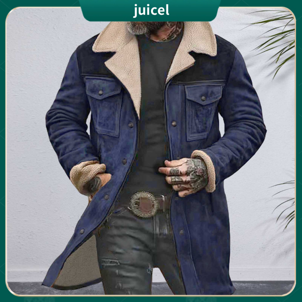 Breathable Men Jacket Formal Lapel Coat Men's Vintage Suede Motorcycle with Plush Long Sleeves Zipper Front Large Pocket