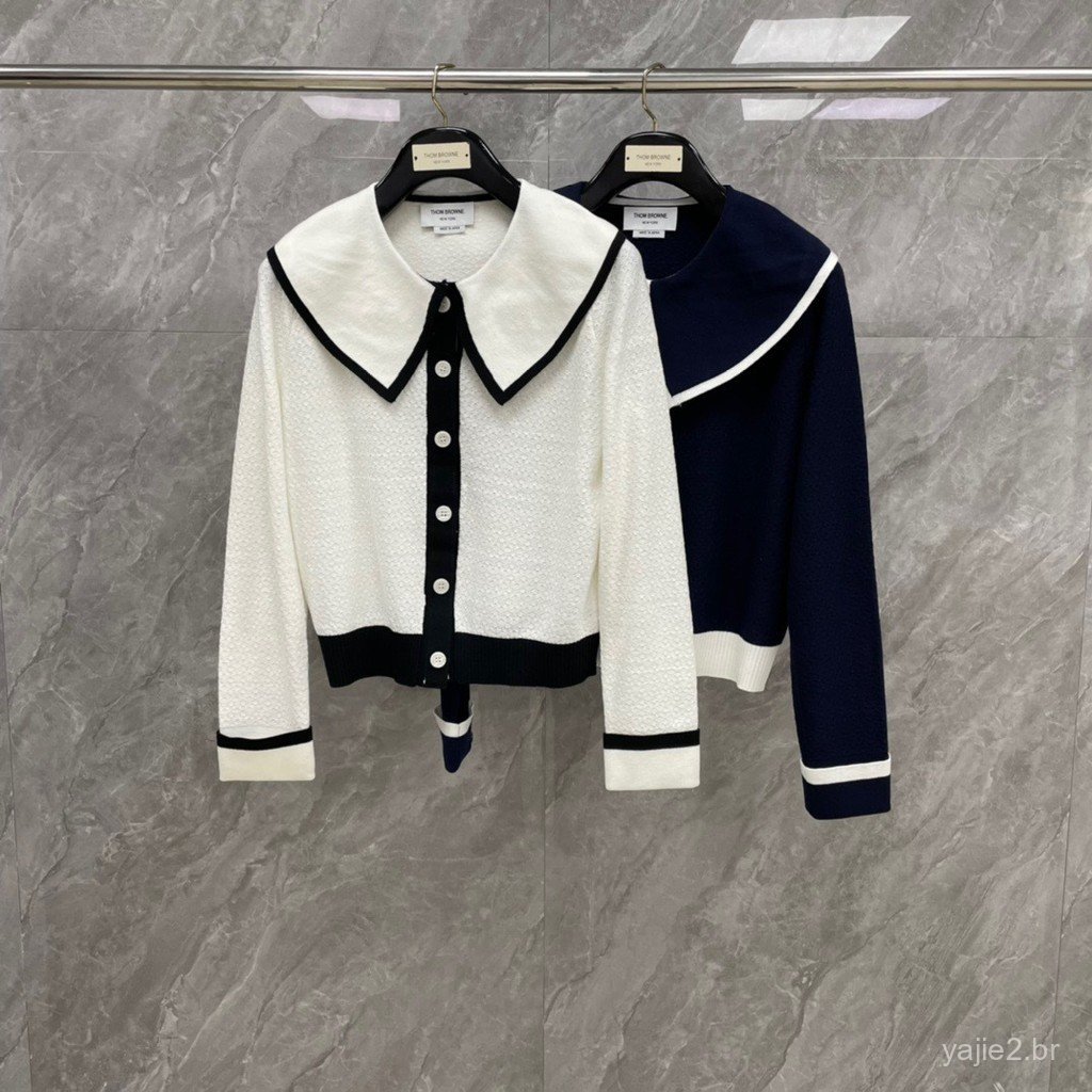 IQLZ New sweet and youthful college-style color-blocked large lapel mesh texture knit cardigan, versatile style