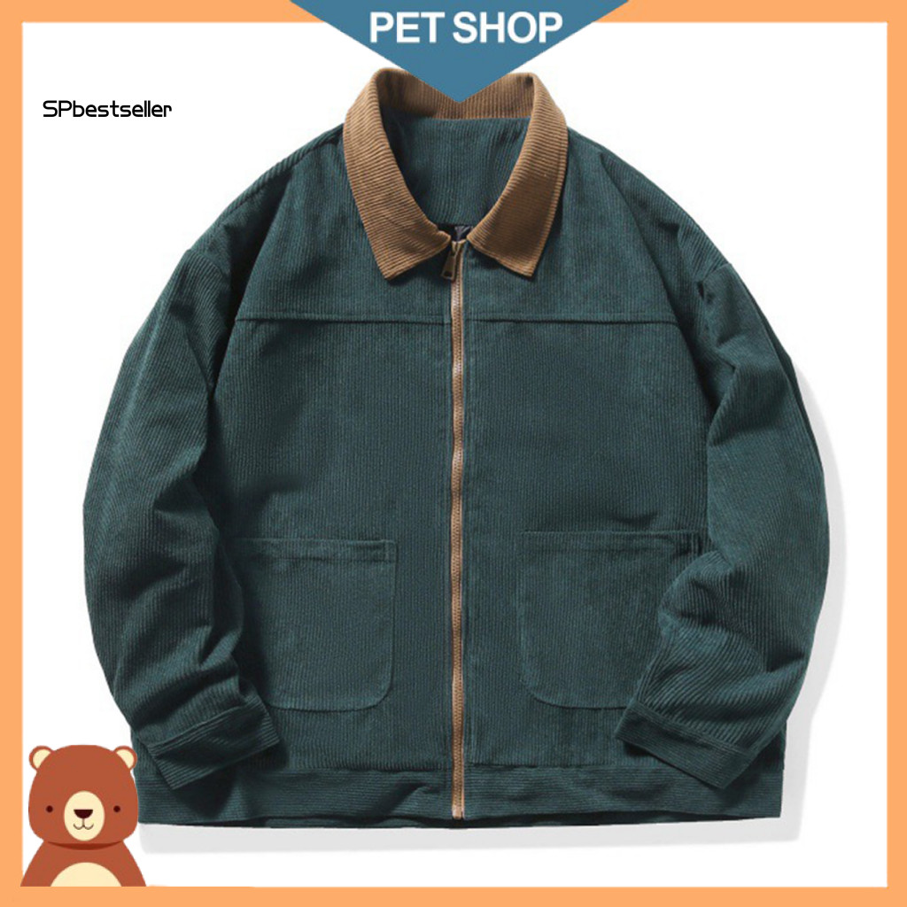 Casual Men Jacket with Large Pockets Men's Corduroy Lapel Collar Long Sleeve Patchwork Color Zipper Outwear – Stylish