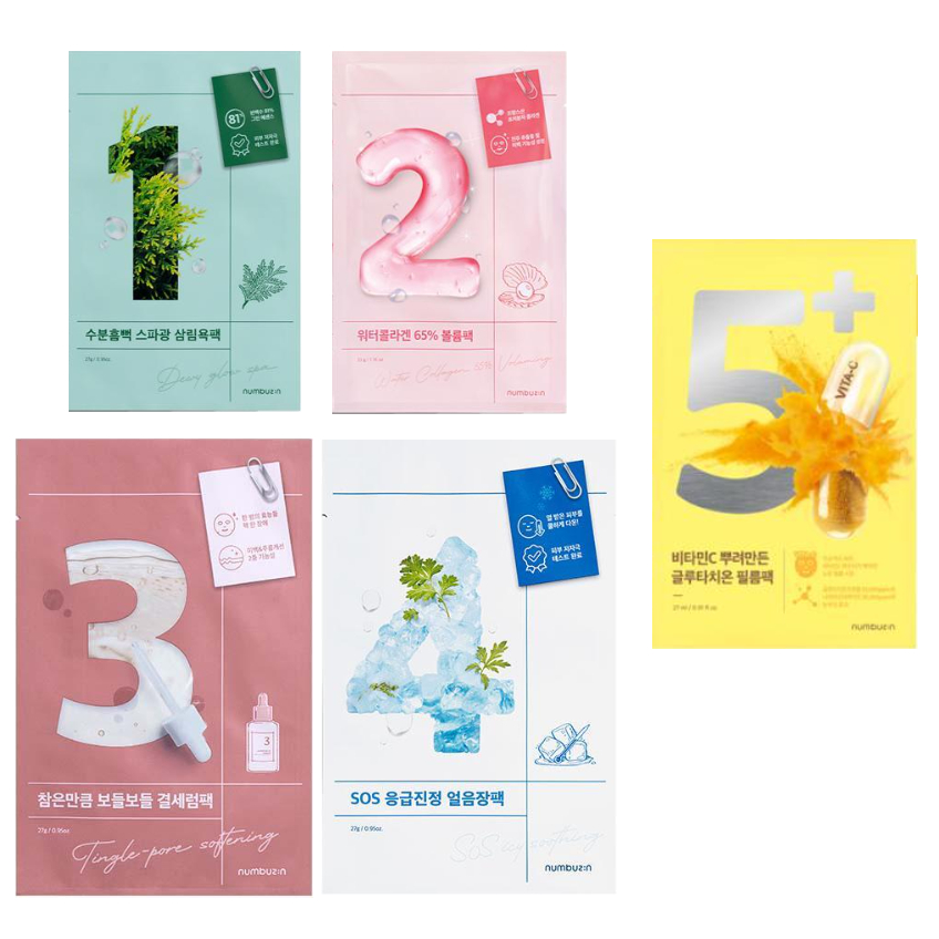 COLE ção De Pacotes De Máscaras NUMBUZIN (No . 1 ~ 5, Umidade, Colágeno, Cuidados Com Os Poros, Bolsa De Gelo, Vitamina C) 5, 10ea