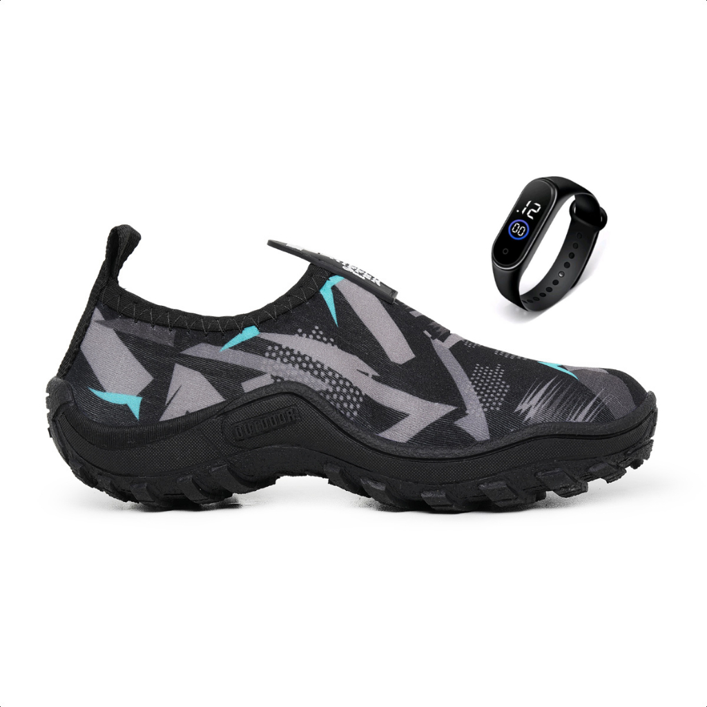 Sapatilha Nautica Infantil caminhada, acampamento, canoagem tenis meia hibrido+Relogio Digital